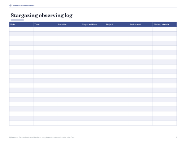 Preview of Printable Stargazing Observing Log